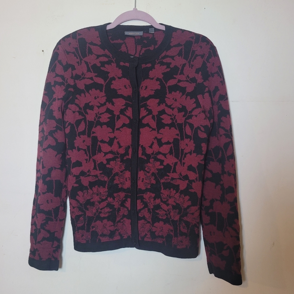 Amber Sun Dark Red And Black Beaded Merino Wool Cardigan Size Medium